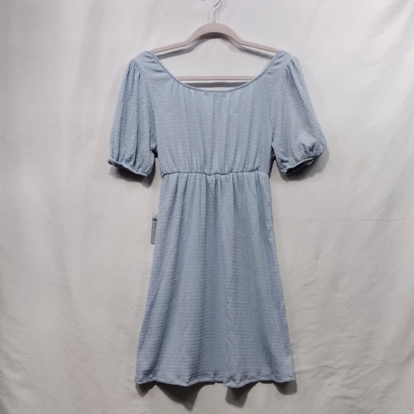 NWT Good Luck Gem V-Neck Bow Puff Sleeve Mini Dress Women's S Blue Minimalist - Picture 6 of 10
